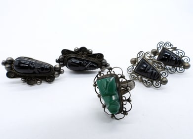 925 CARVED FACE MALACHITE & ONYX SET