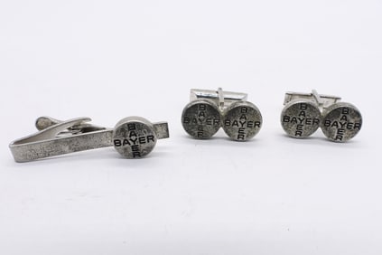 STERLING "BAYER" VTG CUFFLINKS & TIE CLIP