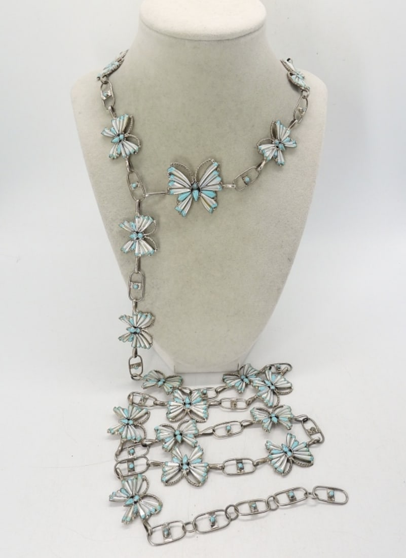 HANDMADE STERLING BUTTERFLY BELT: HANDMADE STERLING SILVER BUTTERFLY BELT. MOTHER OF PEARL, TURQUOISE. ONLY MISSING ONE TINY LITTLE PIECE OF TURQUOISE. 50". 71.3 DWT