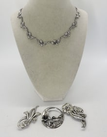 DANE CRAFT NECKLACE & 3 BROOCHES 925