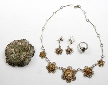 (4) PIECE VINTAGE WIRE FLOWER STERLING SET