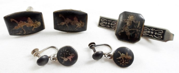 SIAM STERLING CUFFLINKS TIE CLIP & EARRINGS