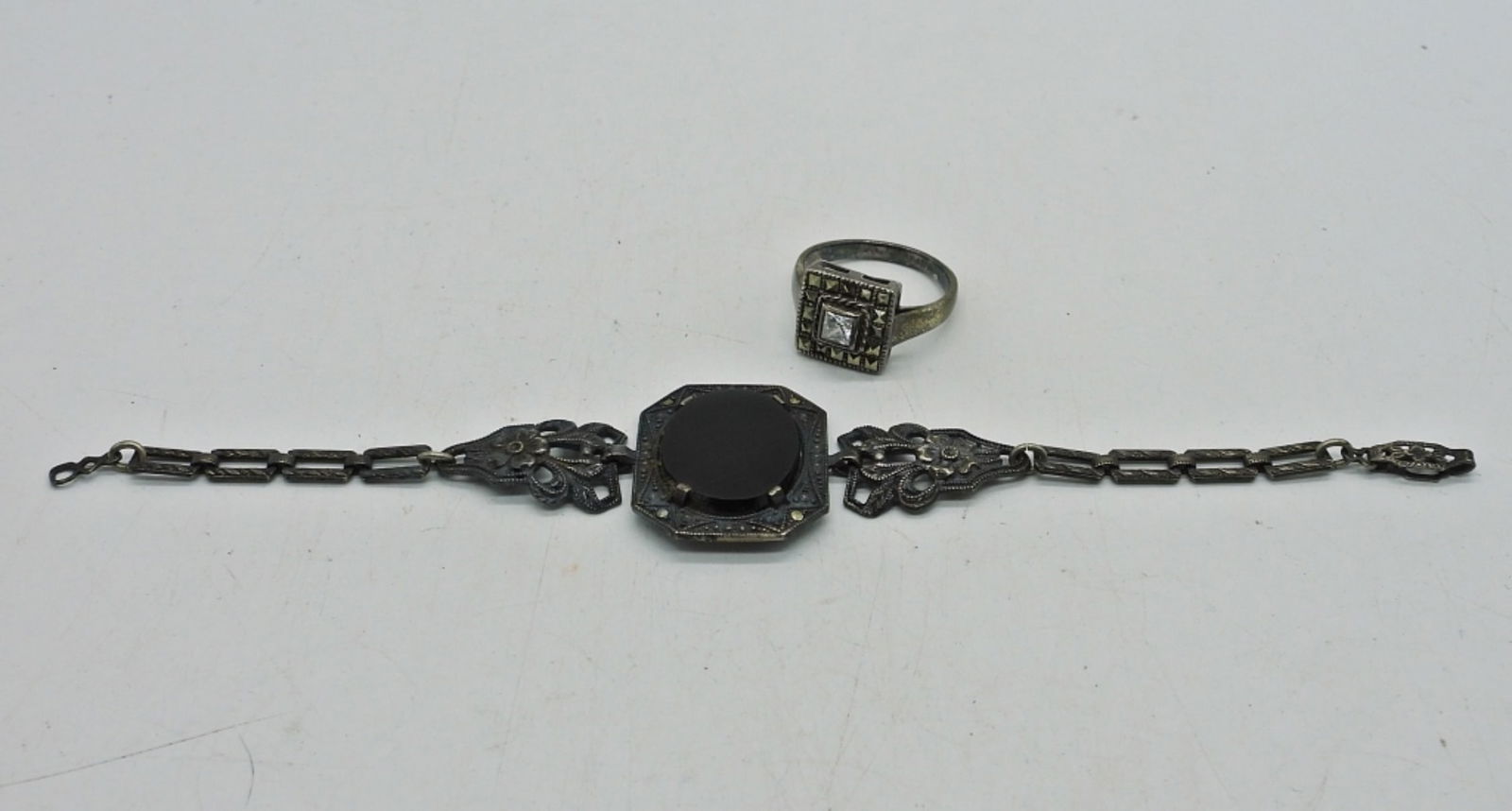 ANTIQUE BRACELET & VTG RING 9258: ANTIQUE STERLING BRACELET WITH BLACK GEMSTONE, 6". VERY PETITE! PRETTY STERLING RING WITH CLEAR GEMSTONE AND MARCASITE, SIZE 7. 8 DWT