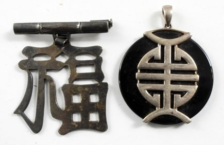 (2) ASIAN 925 PENDANT w/BLACK STONE &