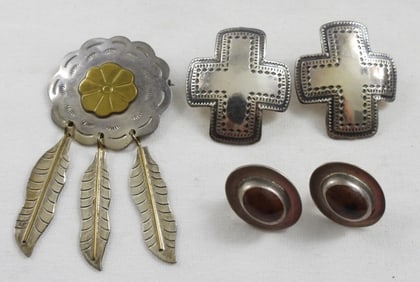 MEXICO 925 2 PAIR EARRINGS & FEATHER PIN