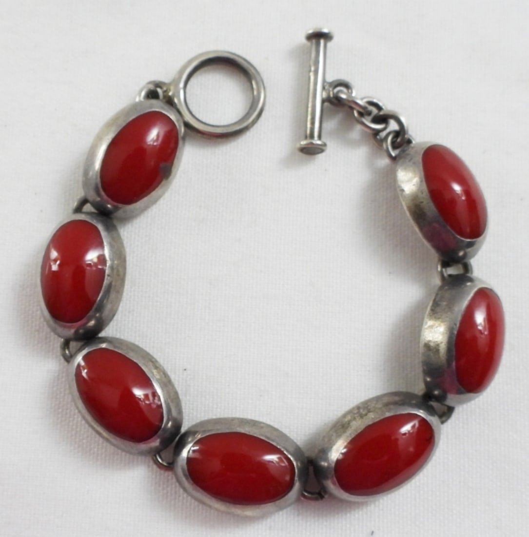 RED STONE MEXICO BRACELET 925: BEAUTIFUL RED STONED MEXICO STAMED BRACELET 925 25.7 DWT
