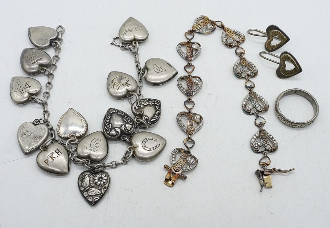 HEART BRACELETS, EARRINGS, RING 925: TWO HEART CHARM BRACELETS, 7-8". PIERCED HEART EARRINGS. RING SIZE 6.5. 22.3 DWT