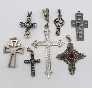 (7) STERLING CROSS PENDANTS