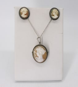 STERLING CAMEO NECKLACE EARRING SET