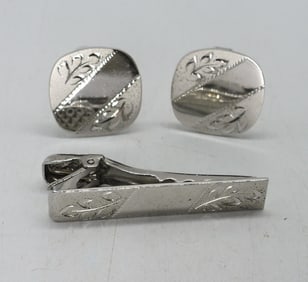 MATCHING 925 CUFFLINKS & TIE CLIP