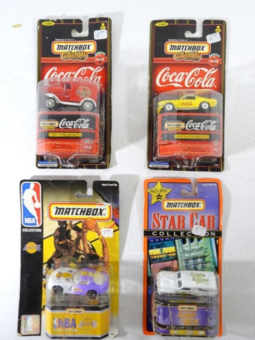 4 CT VARIETY OF MATCHBOX CARS: 2 COCA COLA, NBA LAKERS, STAR CAR COLLECTION SHOTZ BREWERY VAN ALL UNOPENED IN ORIGINAL PACKAGING