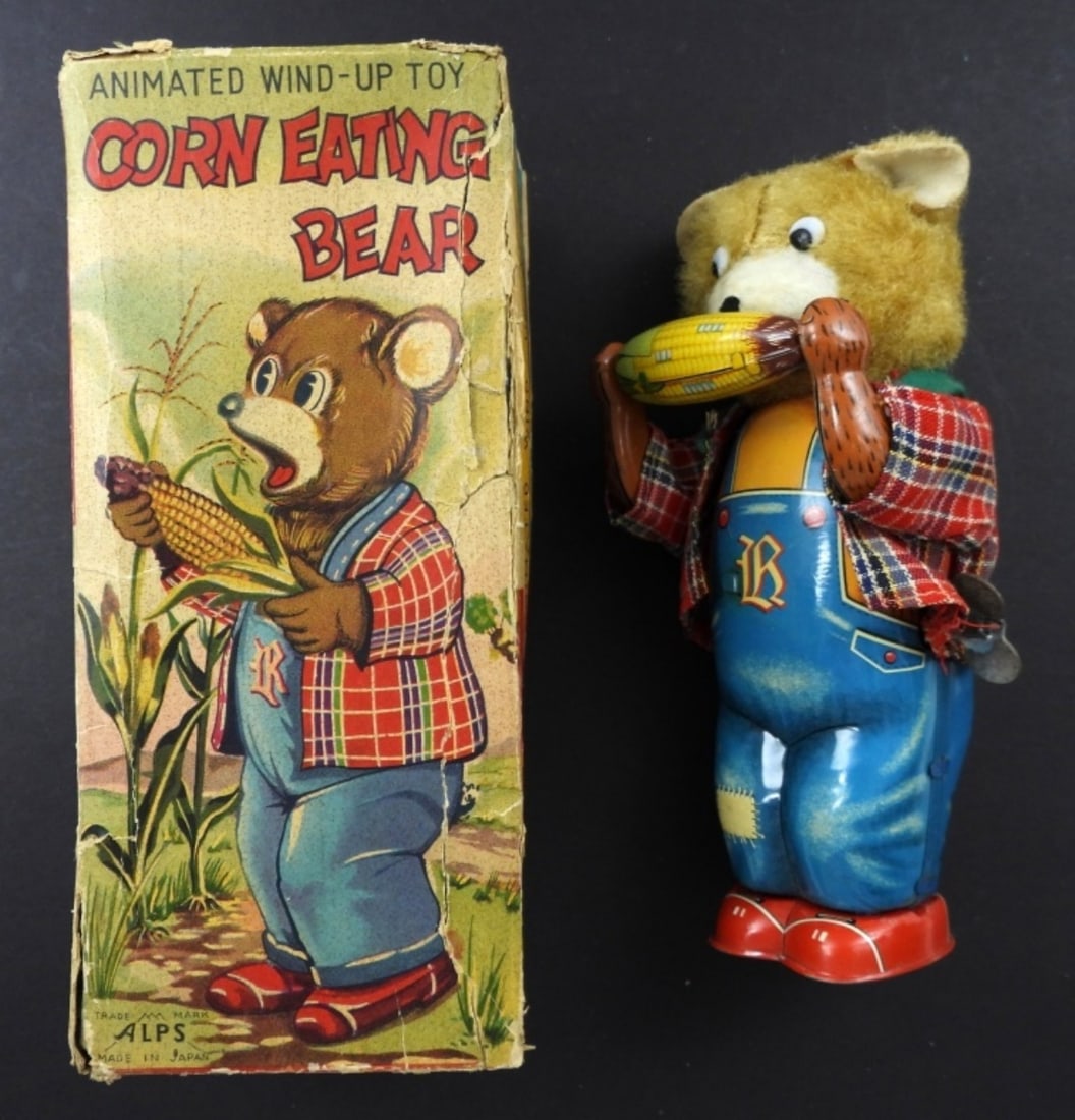ALPS TIN WIND-UP CORN EATING BEAR 1950s (1 of 2)