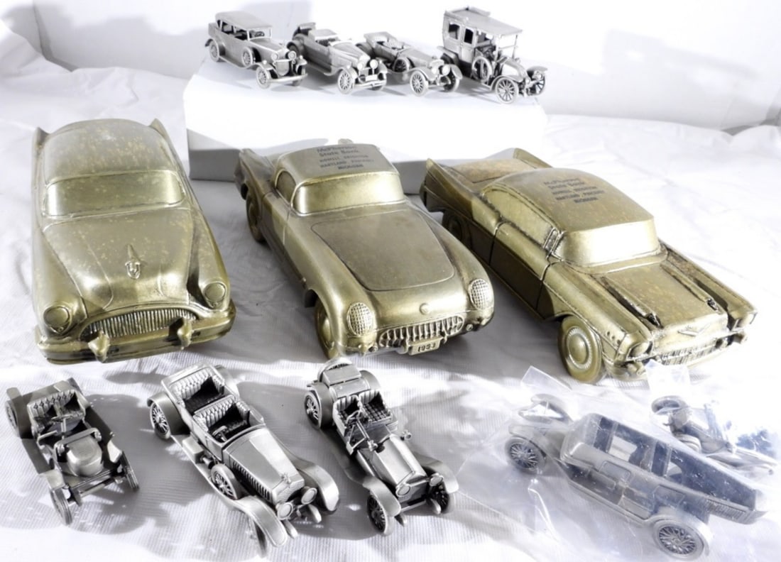 VTG BRASS CAR BANKS & MORE (12 ITEMS ): 3- VINTAGE BRASS CAR BANKS- AMERICAN- ALL IN GOOD CONDITION, DO SHOW SOME WEAR, ALL PREOWNED. 9- DANBURY MINT PEWTER ANTIQUE CARS- ALL IN GOOD CONDITION-2 OF THESE CARS DO NEED A SLIGHT REPAIR. PREOWN