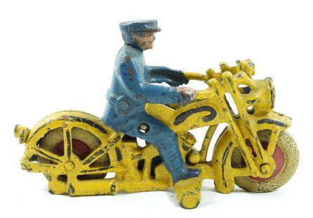HUBLEY CAST IRON MOTORCYCLE TOY: RUBBER TIRES, LOOKS LIKE A PLACE FOR A LIGHT FOR HEADLIGHT? - UNTESTED - 6" LONG