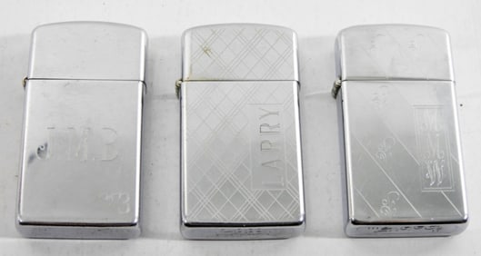 (3) MONOGRAMMED ZIPPO SLIM LIGHTERS