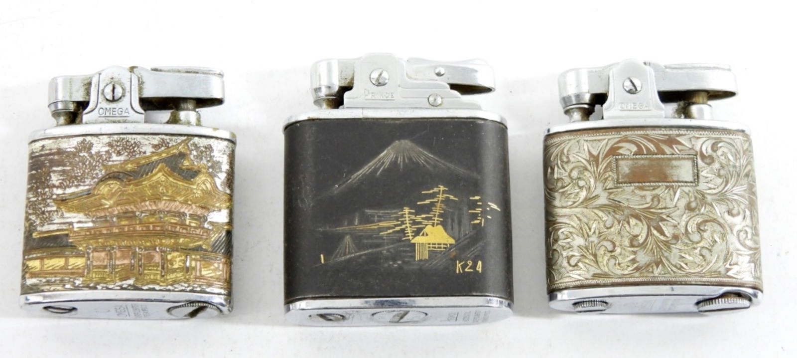 (3) ETCHED OMEGA & PRINCE VINTAGE LOT: BLACK PRINCE ENGRAVED "JACK JAPAN-KOREA 51-52" & (2) OMEGA ETCHED - ALL USED / UNTESTED