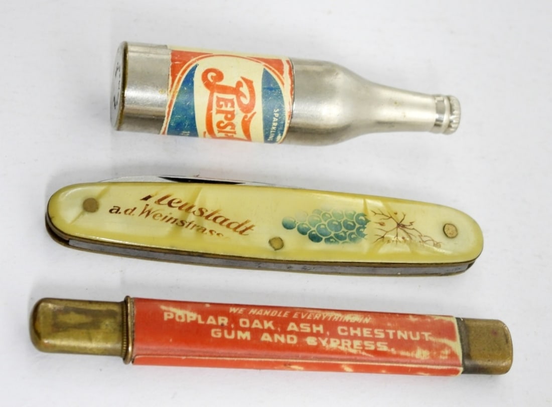 (3) VINTAGE ADVERTISING KNIVES/LIGHTER: PEPSI BOTTLE LIGHTER lightly used, NEUSTADT a.d. WEINSTRASS KNIFE, WIBORG LUMBER MFG CINCINNATI OHIO KNIFE