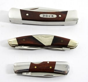 (3) WOOD HANDLE POCKET KNIVES - NICE!!