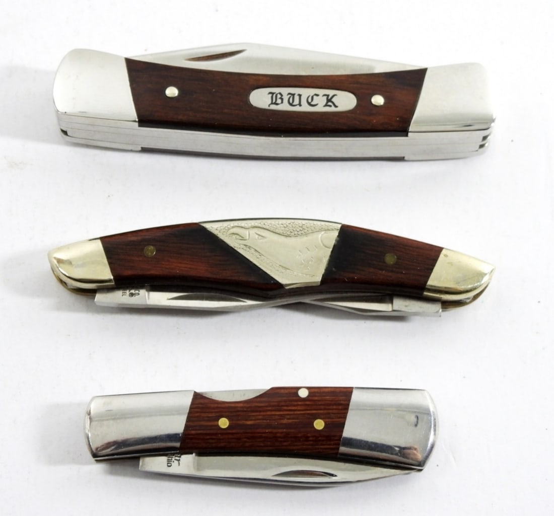 (3) WOOD HANDLE POCKET KNIVES - NICE!! (1 of 6)