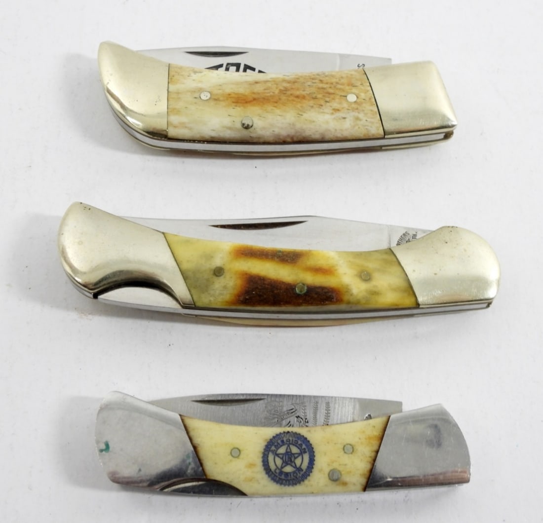 (3) BONE HANDLE SINGLE BLADE LOCKBACKS: AMERICAN LEGION SMALL LOCKBACK, "IPCO" JAPAN 440 STAINLESS & PARKER CUT CO LOCKBACK - ALL NICE / NEARLY NEW