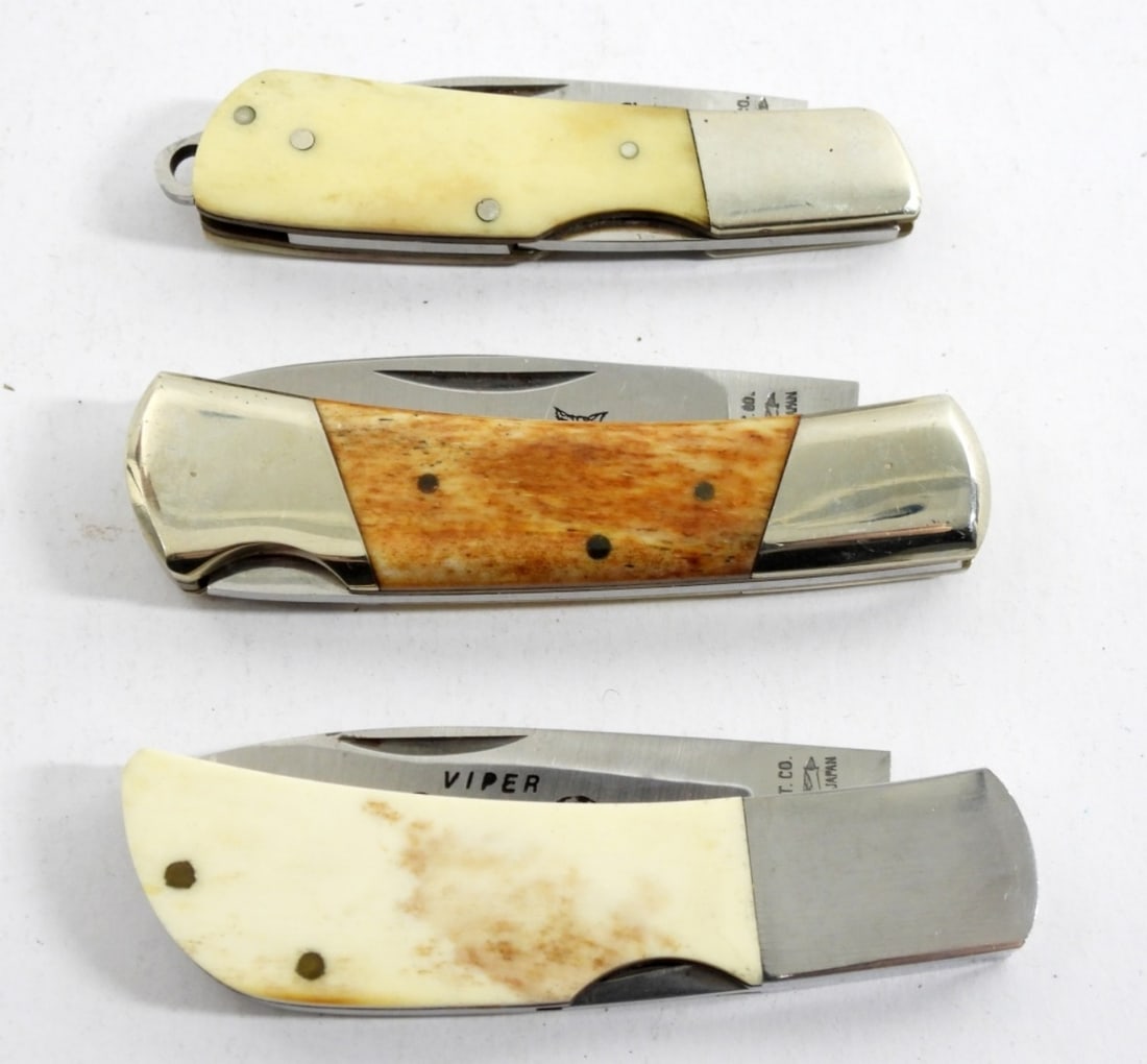 (3) BONE HANDLE SINGLE BLADE LOCKBACKS: VIPER, WILDCAT & SCORPIO - ALL PARKER CUT CO - ALL LIKE NEW