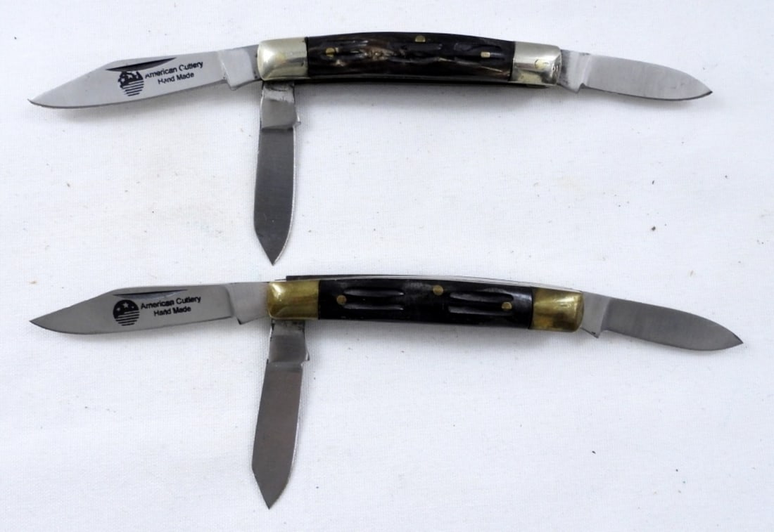 (2) AMERICAN CUTLERY POCKET KNIVES: BONE HANDLE - BOTH LIKE NEW THREE BLADE HAND MADE - NICE