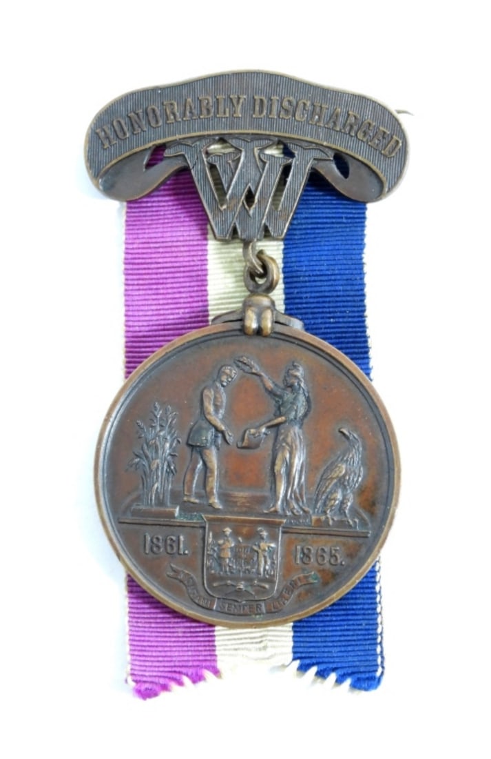 1861-1865 HONORABLY DISCHARGED MEDAL: MILITARY MEDAL- 1861-1865 HONORABLE DISCHARGE MEDAL FOR JOHN DEHAVEN. CO 1, 5TH REG CAV. THIS MEDAL WAS PRESENTED TO THIS SOLIDER BY THE STATE OF WEST VIRGINIA. IN GOOD CONDITION- AT THE BOTTOM OF THE