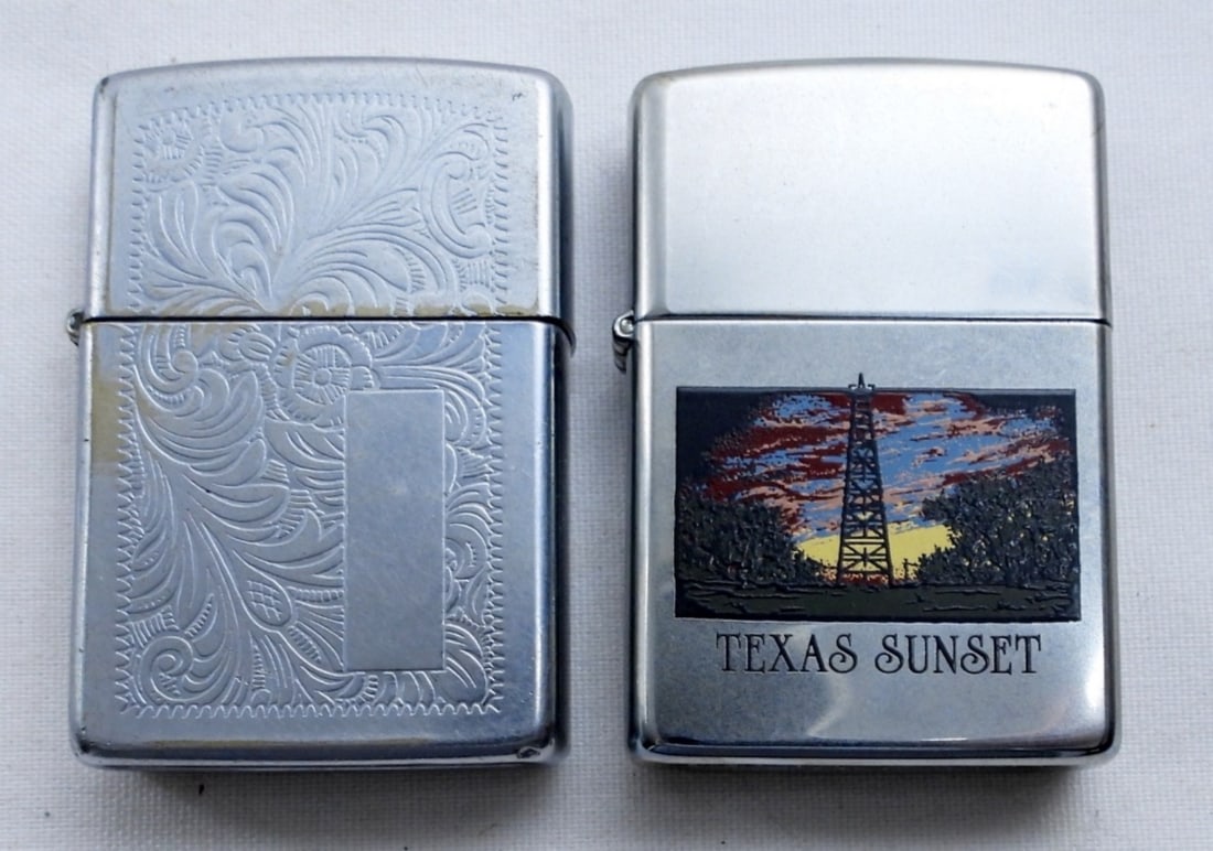 VTG 1992 ZIPPO, 1992 TEXAS SUNSET ZIPPO: VTG 1992 ZIPPO WITH DESIGN ON THE FRONT, FIRED. 1992 VINTAGE TEXAS SUNSET ZIPPO, UNFIRED.