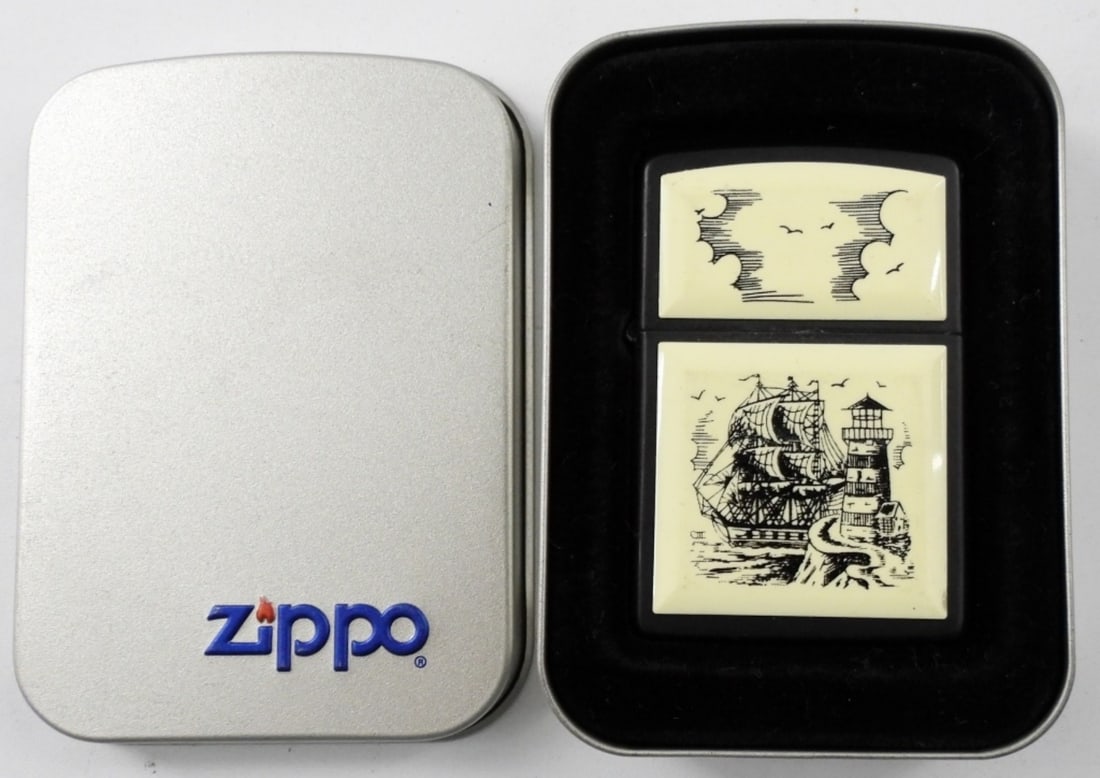 1994 FIRED SCRIMSHAW SHIP/LIGHTHOUSE ZIPPO: 1994 FIRED SCRIMSHAW SHIP AND LIGHTHOUSE ZIPPO IN TIN