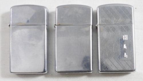 (3) ZIPPO SILVERTONE SLIM LIGHTERS