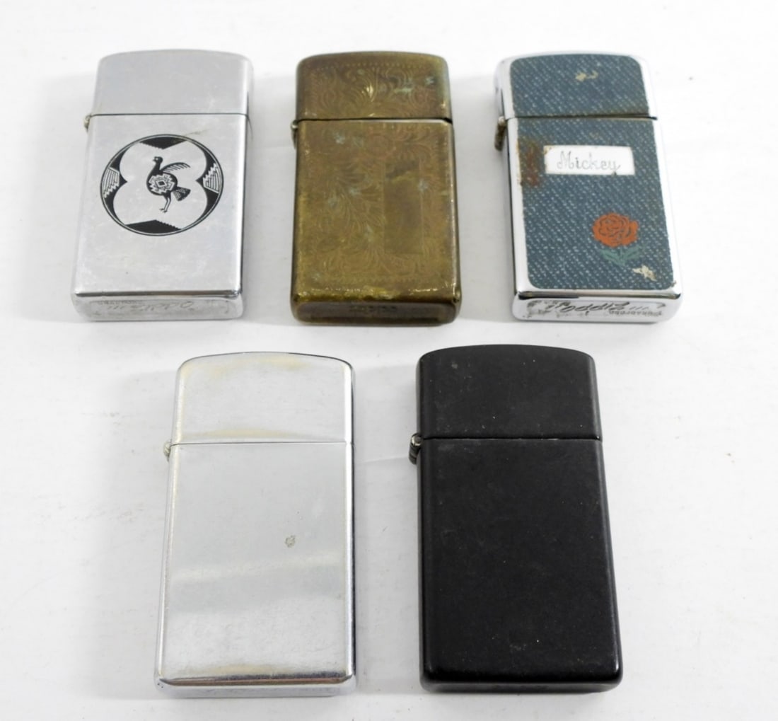 (5) SLIM ZIPPO LIGHTER LOT 1976 - 1990s: ALL USED / UNTESTED