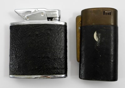(2) ANTIQUE BLACK LEATHER TABLE LIGHTERS