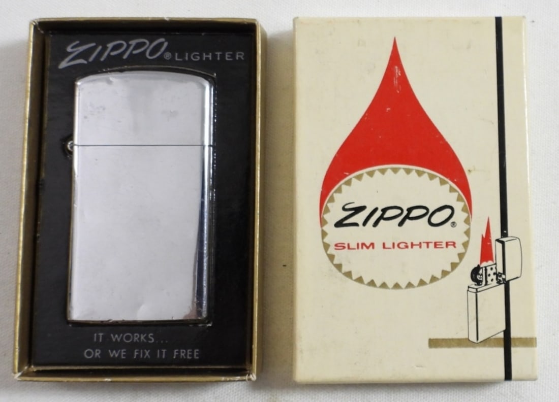 1977 CHROME (FIRED) SLIM ZIPPO LIGHTER IN BOX: 1977 CHROME (FIRED) SLIM ZIPPO LIGHTER IN BOX