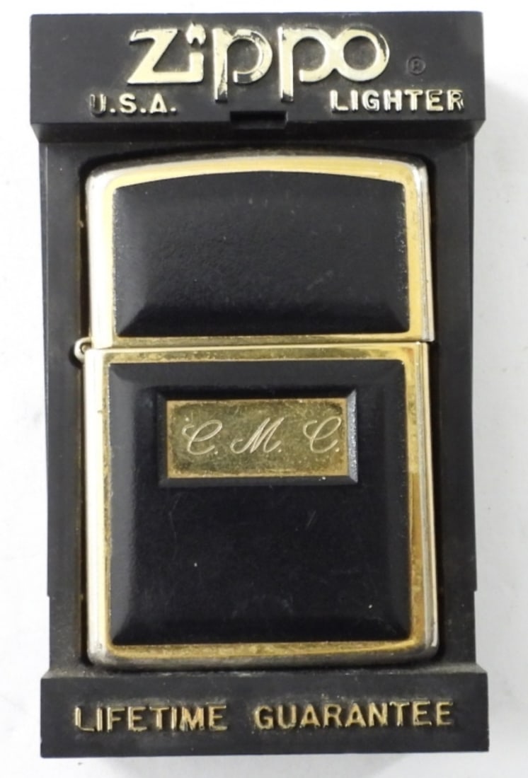 1990 FIRE BRASS WITH BLACK ENAMEL ZIPPO: 1990 FIRE BRASS ZIIPPO WITH BLACK ENAMEL IN CASE