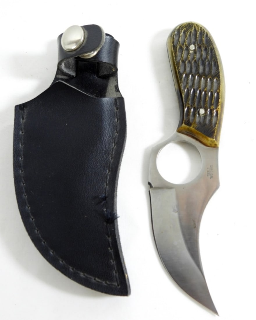 FROST CUTLERY 2" BLADE IN SHEATH: FROST CUTLERY 2' MADE IN JAPAN KNIFE 'CAT SKINNER' BONE HANDLE, IN BLACK SHEATH, IN GOOD CONDITION