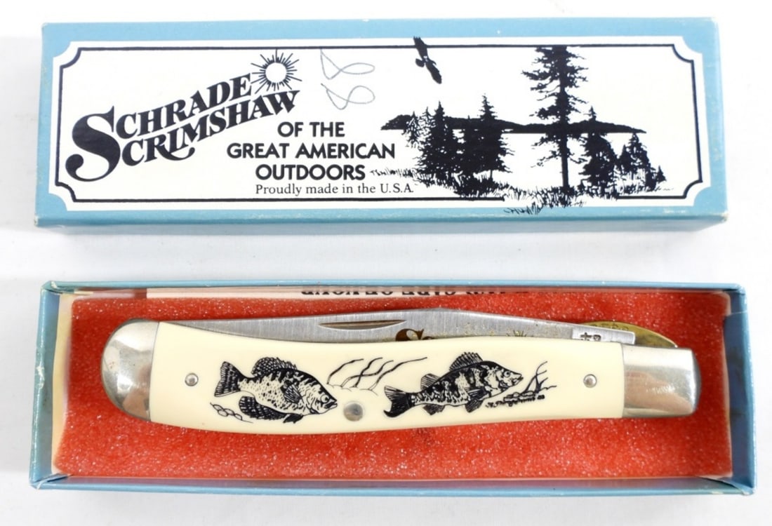 VINTAGE SCHRADE CRIMSHAW 503SC: VINTAGE SCHRADE CRFIMSHAW 503SC WITH FISH SCENE ON HANDLE, IN ORIGINAL BOX