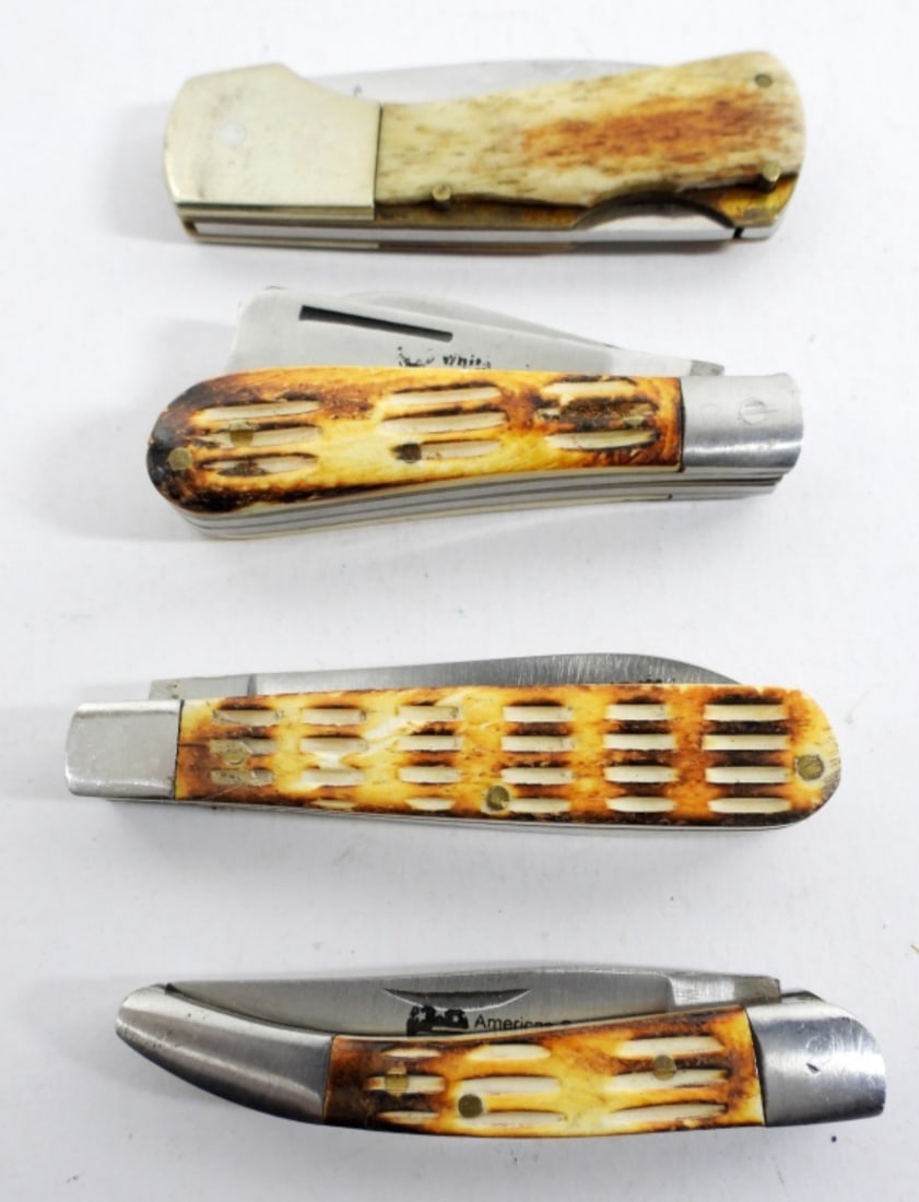 4 BONE HANDLE POCKET KNIFE LOT: 4 ASSORTED BOND HANDLE POCKET KNIVES, MIXED CONDITIONS