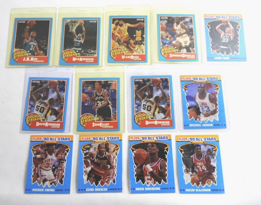 (13) 1990 FLEER BASEKETBALL w/JORDAN: LARRY BIRD, DAVID ROBINSON, OLAJUWON & MORE - ALL NICE NM (some holders have tape on backs but not on the cards)