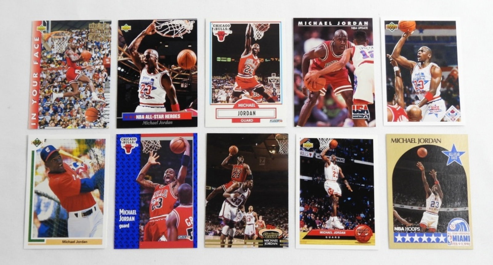 (10) MICHAEL JORDAN BASKETBALL CARDS: ALL DIFFERENT - NICE NM ( some holders have paper on backs but Not on cards)