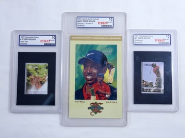 1997 TIGER WOODS POSTCARD & STAMP LOT (3)