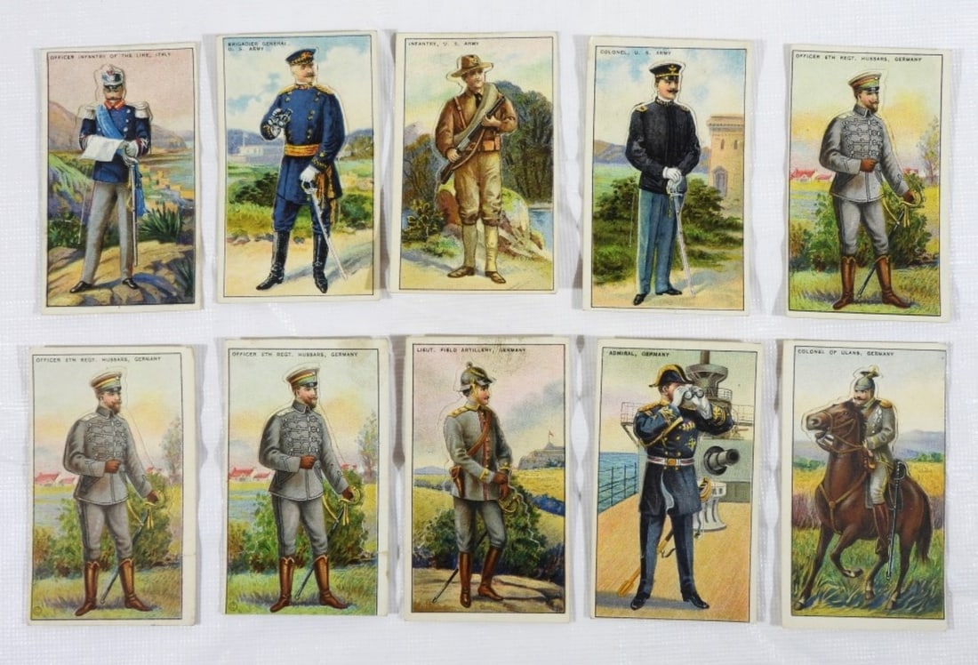 (10) 1909-13 T81 MILITARY SERVICE DIE CUT: 1909-13 T81 MILITARY SERVICE- DIE CUT-(1)- COLONEL OF ULANS, (1)-GERMANY, (1)- ADMIRAL, GERMANY, (1)-LIEUT. FIELD ARTILLERY, GERMANY, (3)- OFFICER 6TH REGT. HUSSARS, GERMANY, (1)- COLONEL, U.S. ARMY, 