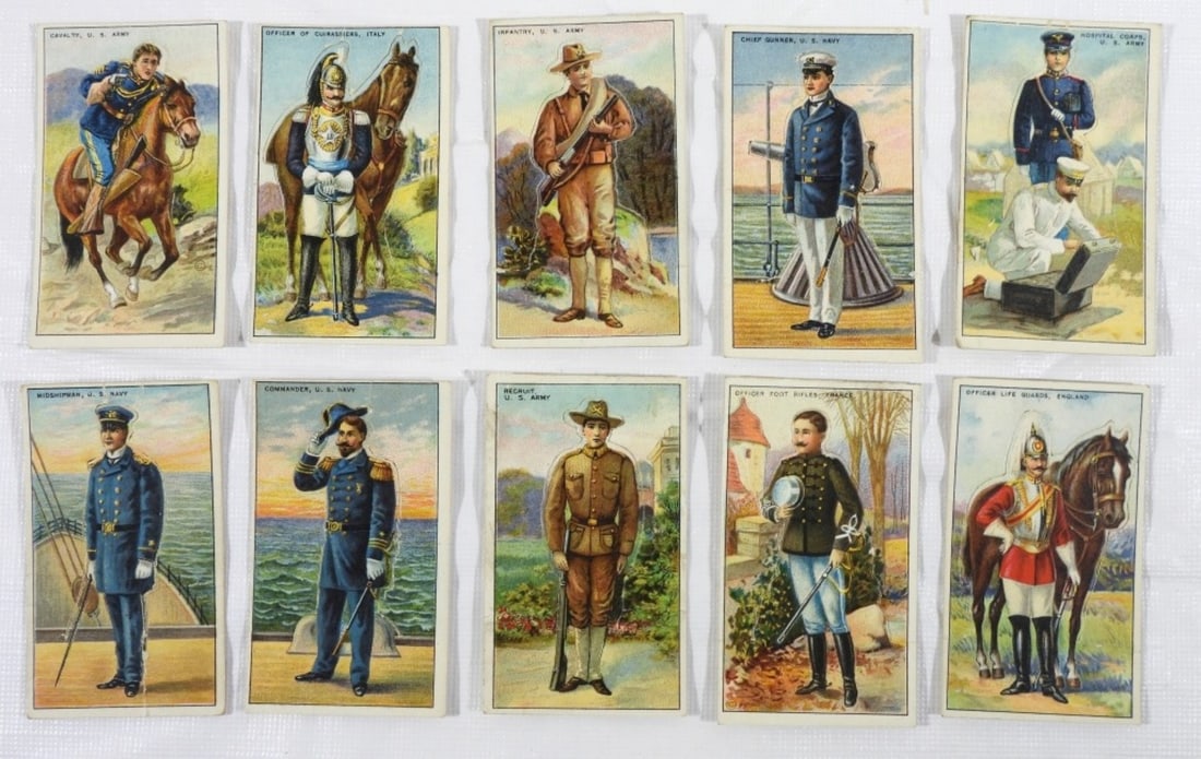 (10) 1909-13 T81 MILITARY SERVICE DIE CUT: 1909-13 T81 MILITARY SERVICE- DIE CUT-( 1)- OFFICER LIFE GUARDS, ENGLAND, (1)- OFFICER FOOT RIFLES, FRANCE, (1)- RECRUIT, U.S.ARMY, (1)- COMMANDER, U.S. NAVY,(1)- MIDSHIPMAN, U.S.NAVY, (1)- HOSPITAL C