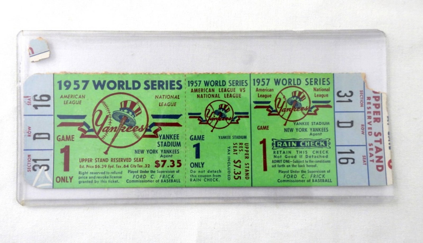 1957 WORLD SERIES GAME 1 UNUSED TICKET: small corner torn off loose - ORIGINAL YANKEES STADIUM TICKET - UNUSED