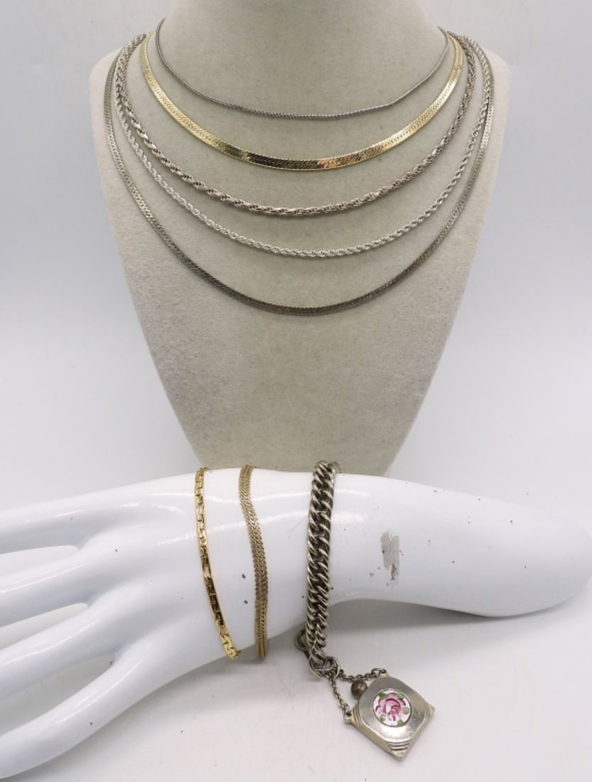 (8) CHAIN NECKLACES & BRACELETS: FIVE CHAIN NECKLACES, 16-24". THREE CHAIN BRACELETS, ONE WITH A VINTAGE PERFUME BOTTLE.