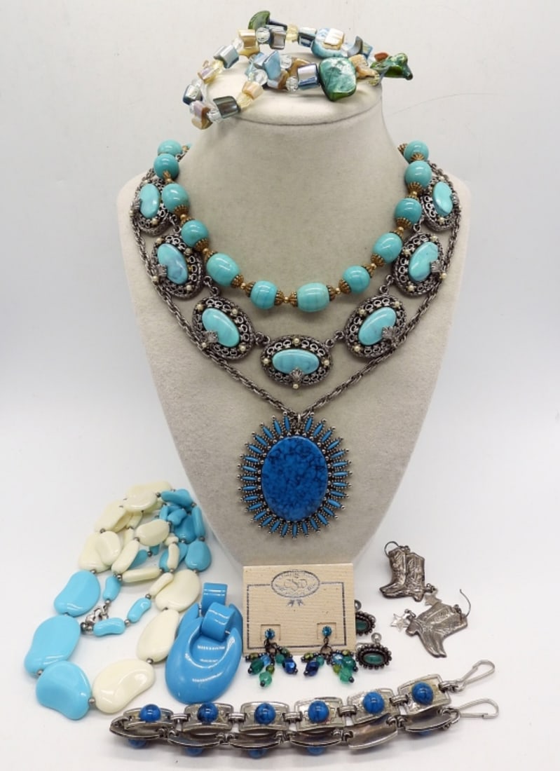BLUE ACCENTED NECKLACES, BRACELET & MORE: FIVE NECKLACES, 13-30". TWO STRETCHY BRACELETS. FOUR PAIR OF EARRINGS. PIERCED AND SCREW BACK. NONE OF THE TURQUOISE IS GENUINE!