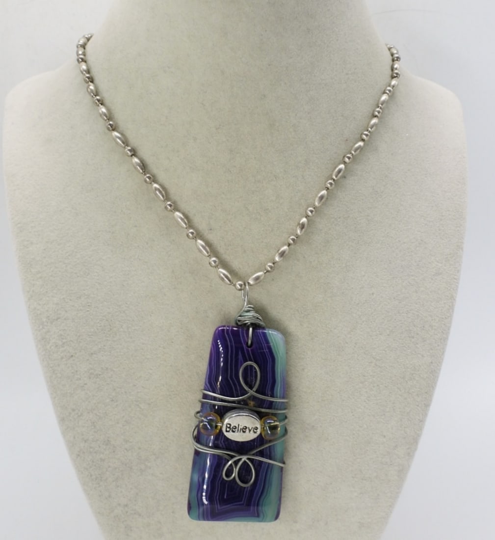 LARGE WIRE WRAPPED FLUORITE NECKLACE: 16" SILVER TONE CHAIN WITH A 2.5" FLUORITE PENDANT, WIRE WRAPPED.