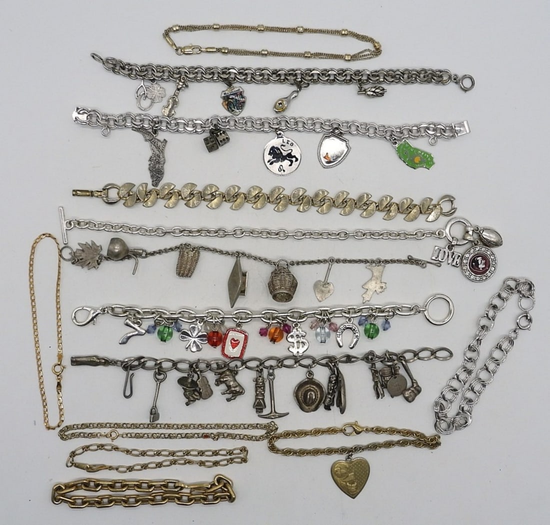 (14) BRACELETS - CHARM & MORE: FOURTEEN FASHION BRACELETS (NOTHING IS STERLING!) SIX ARE CHARM BRACELETS. 7"-8".