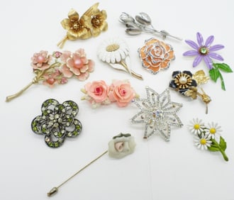 (12) VTG FLORAL BROOCHES