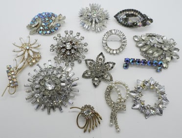 (13) RHINESTONE BROOCHES - VINTAGE