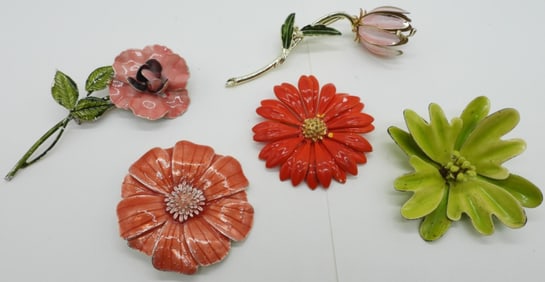 (5) VTG ENAMELED FLOWER BROOCHES